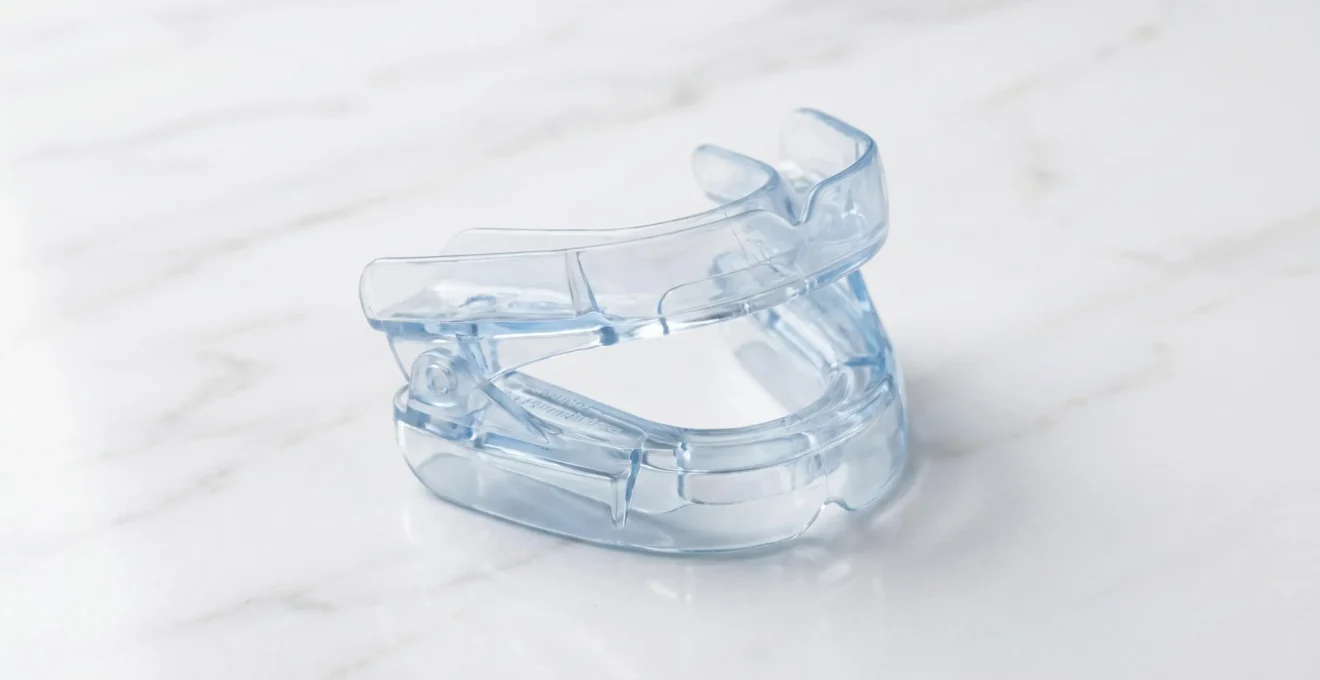 Orthèse d'avancée mandibulaire bi-blocs en plastique médical transparent posée sur une surface claire