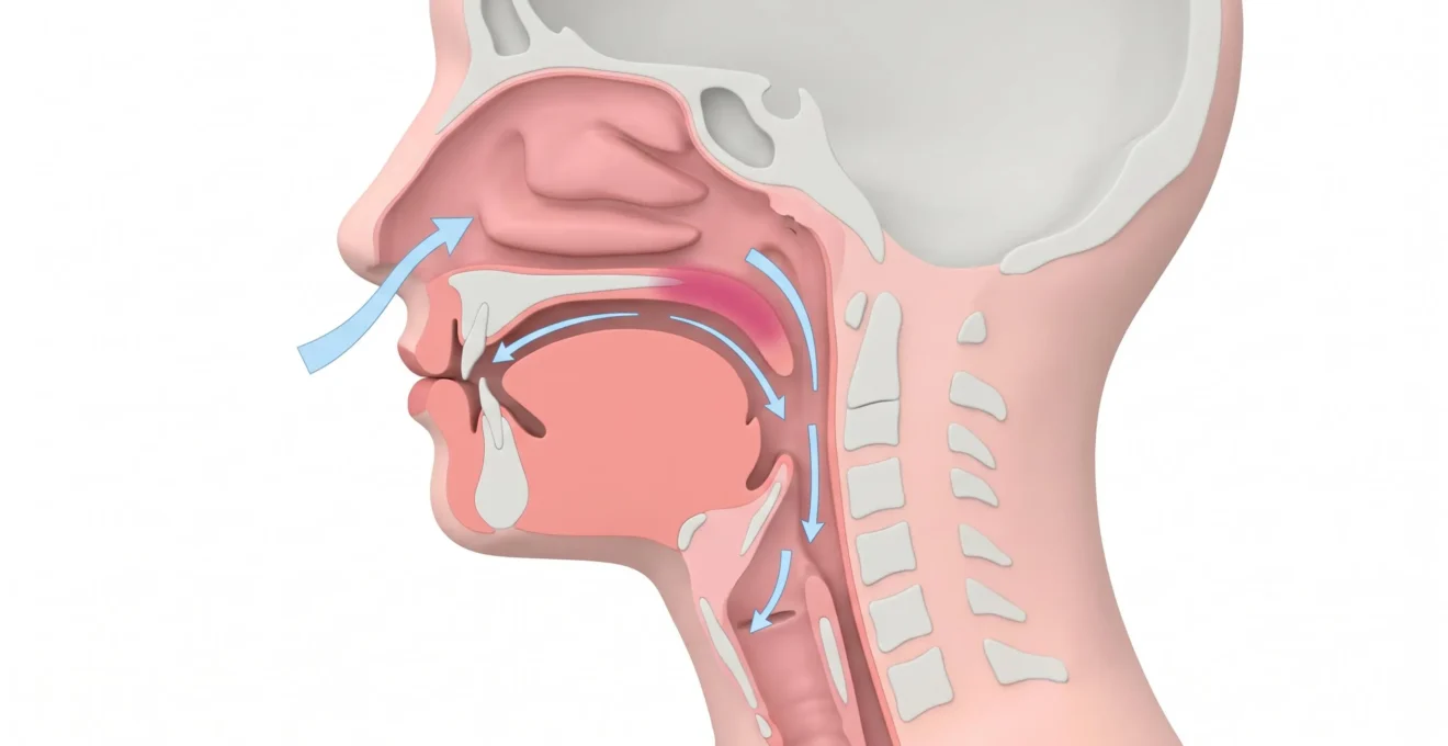 Schéma anatomique simplifié des voies respiratoires supérieures montrant le mécanisme du ronflement